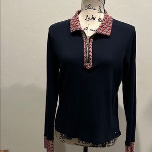 Tommy Hilfiger Navy Top with Red Patterned Collar